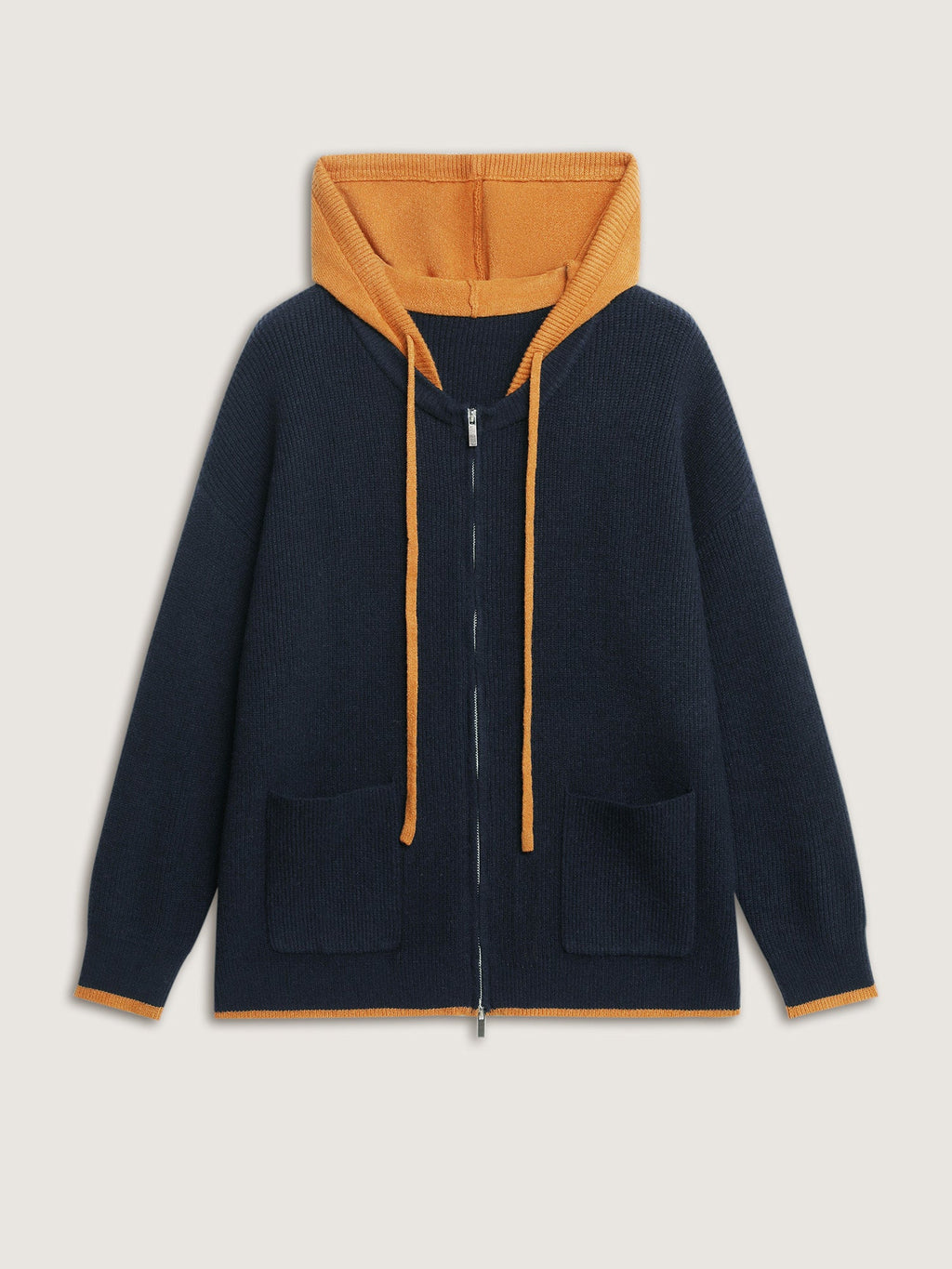 Contrast Hooded Zipper Front Pocketed Cardigan