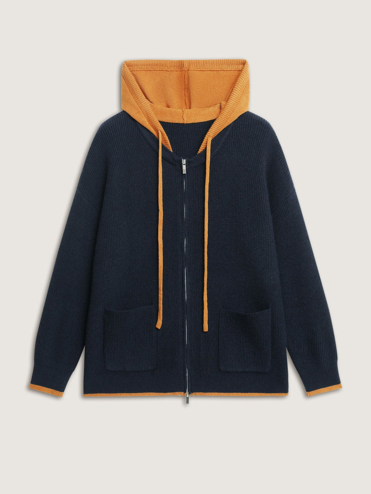 Contrast Hooded Zipper Front Pocketed Cardigan