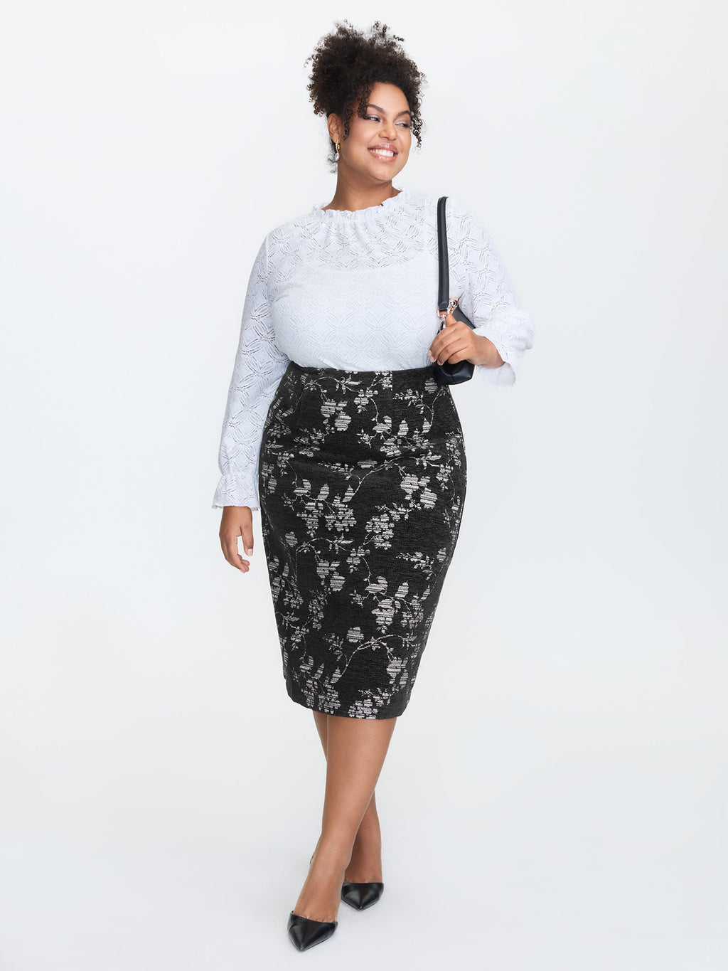Floral Textured Zipper Midi Pencil Skirt