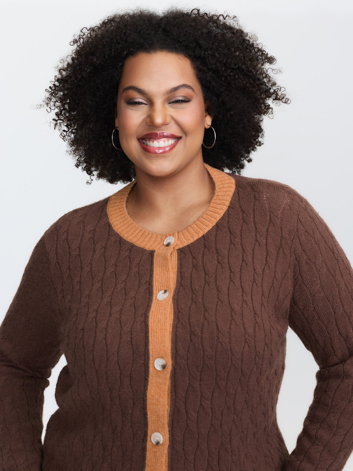 Braided Color Contrast Button Knit Cardigan