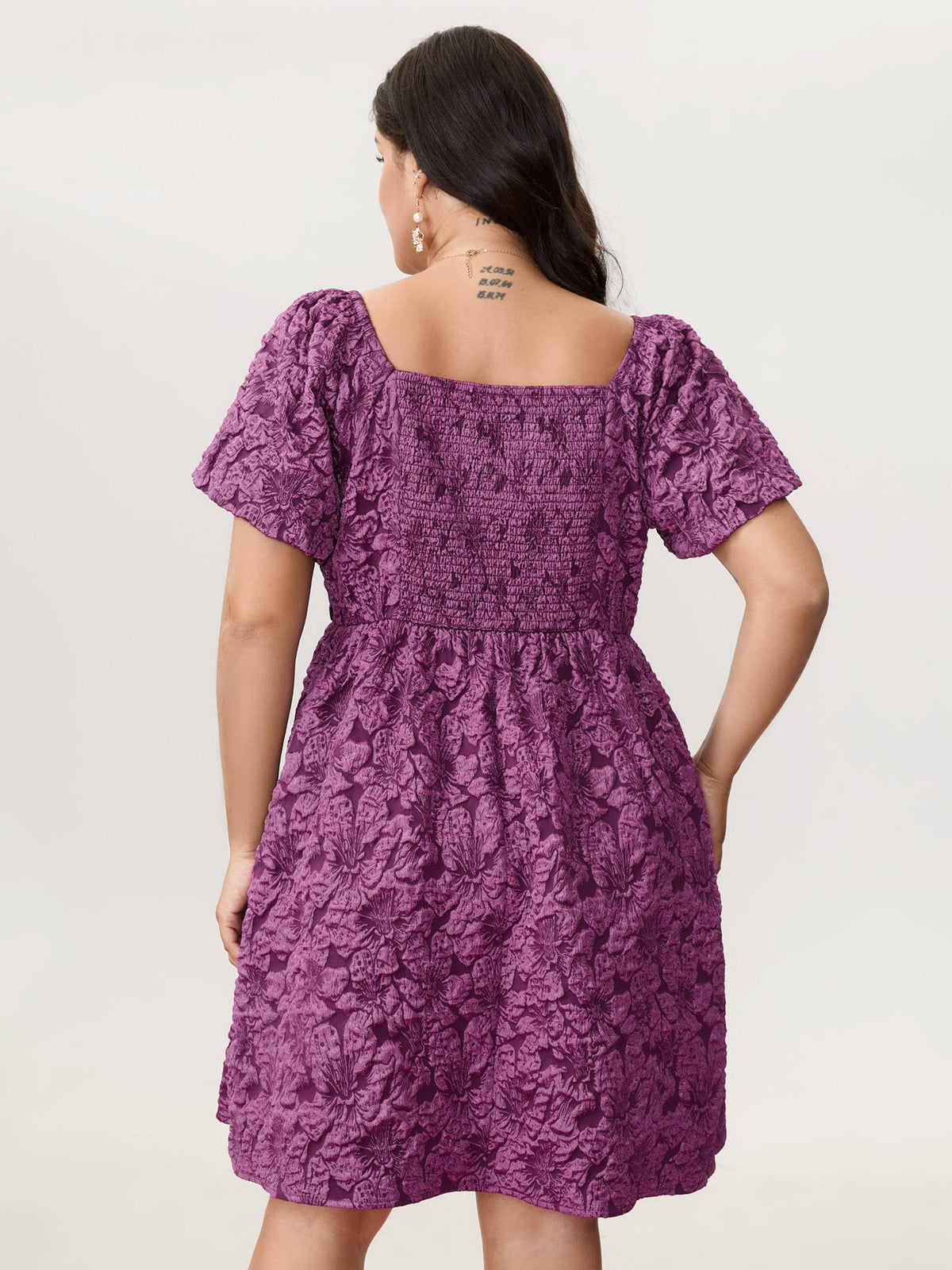 Jacquard Bow-Tie Shirred Mini Dress