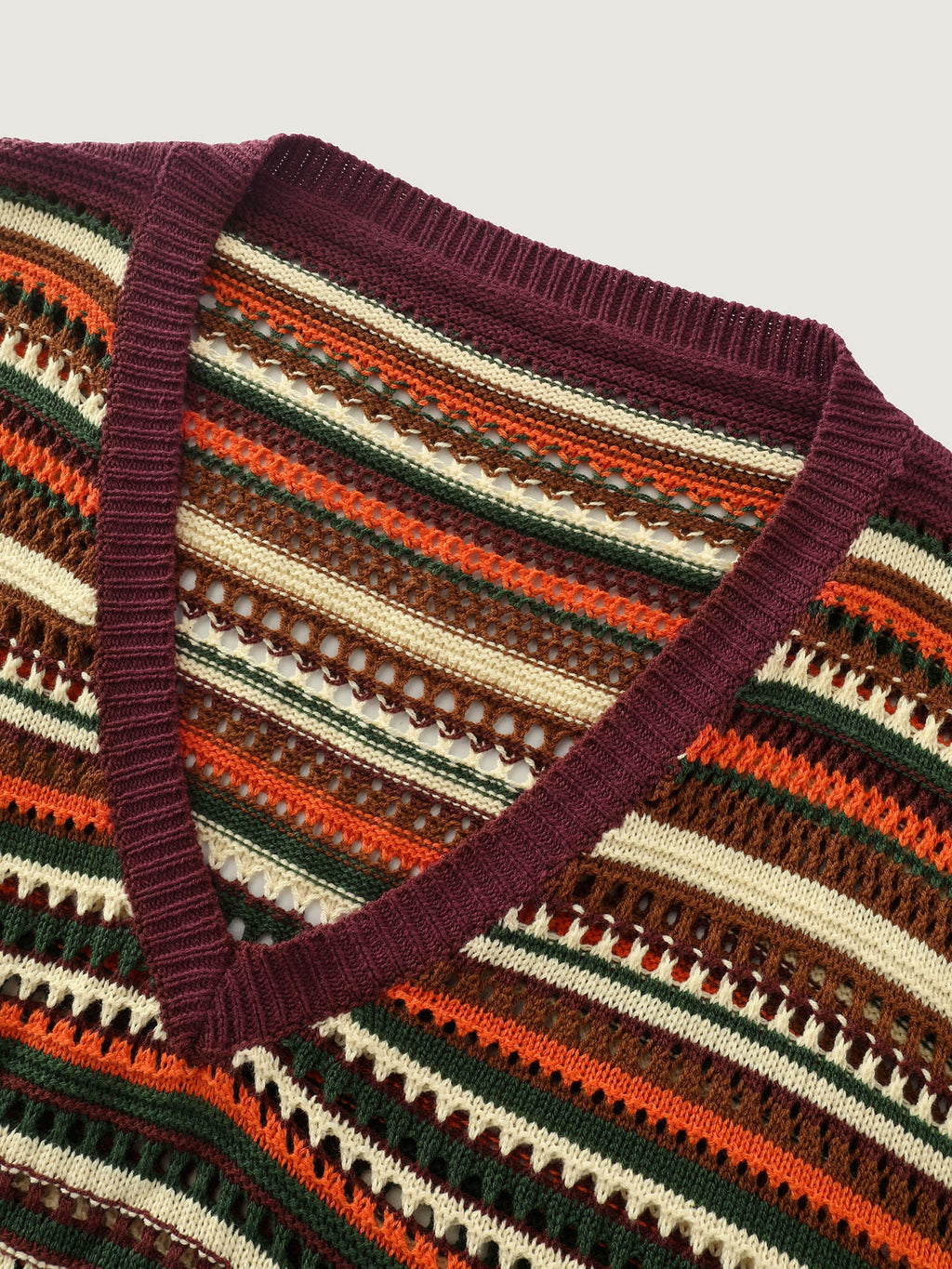 Multi-Color Stripe Hollow V-Neck Pullover