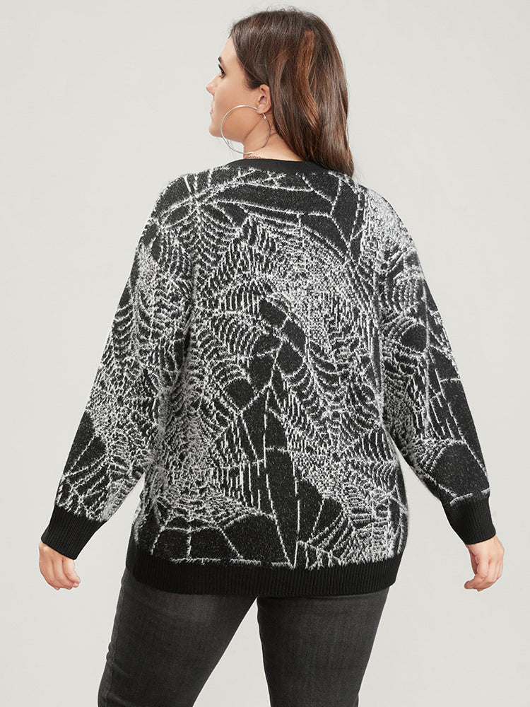 Spider Web Plush Knit Pocket Button Front Cardigan