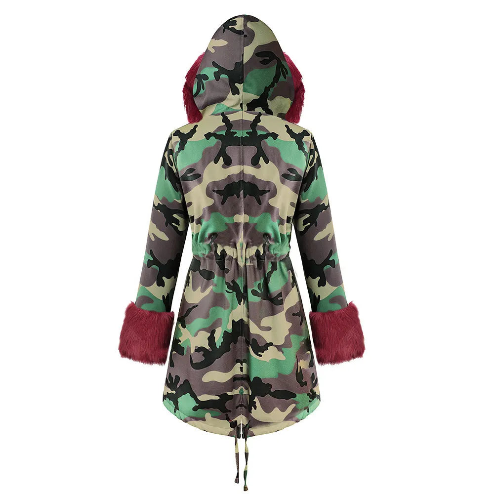 Womens Hooded Camouflage Warm Winter Coats Faux Fur Jacket Parka Overcoat