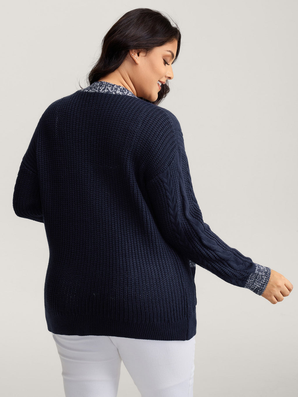 Mixed-Yarn Color Contrast Pockets Knit Cardigan