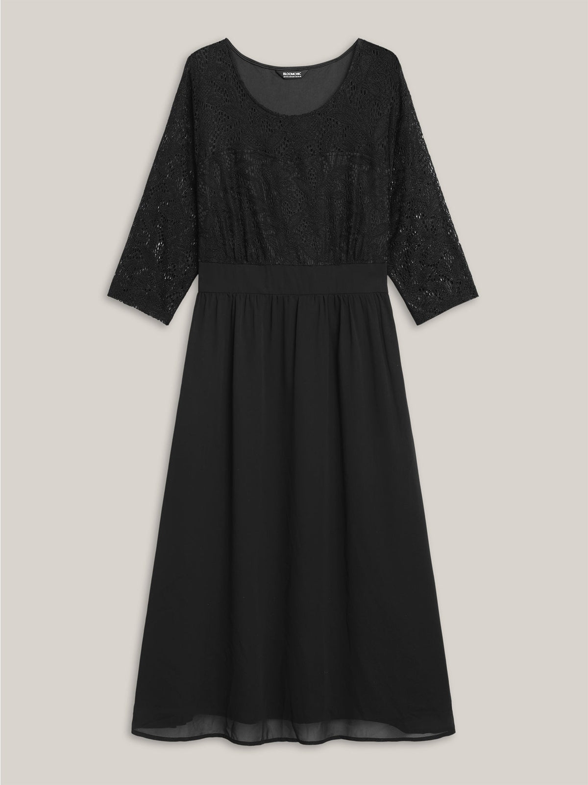 Lace Patchwork Shirred Midi Pocket Dress