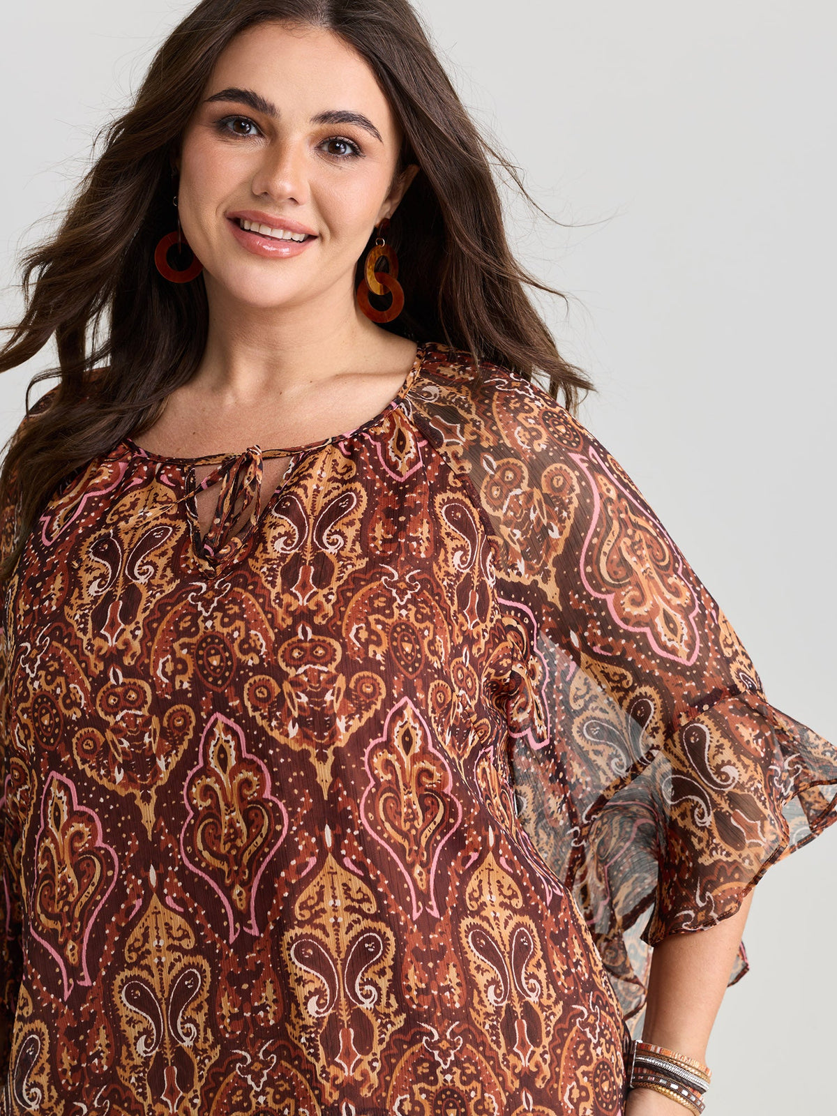 Boho Geometric Print Ruffled Sleeve Blouse
