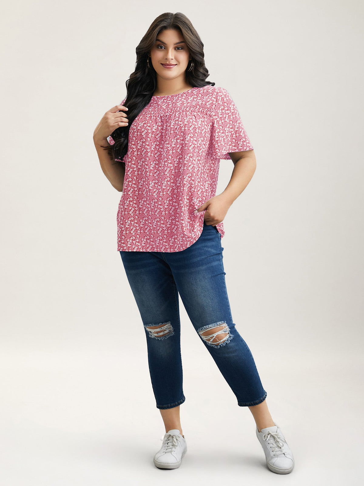 Floral Ruffle Sleeve Gathered Round Neck Blouse