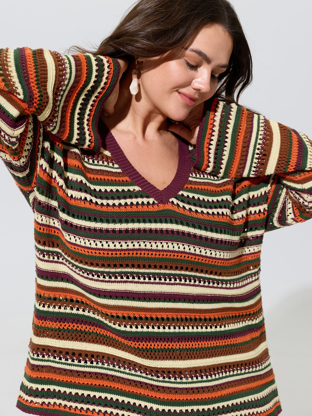 Multi-Color Stripe Hollow V-Neck Pullover