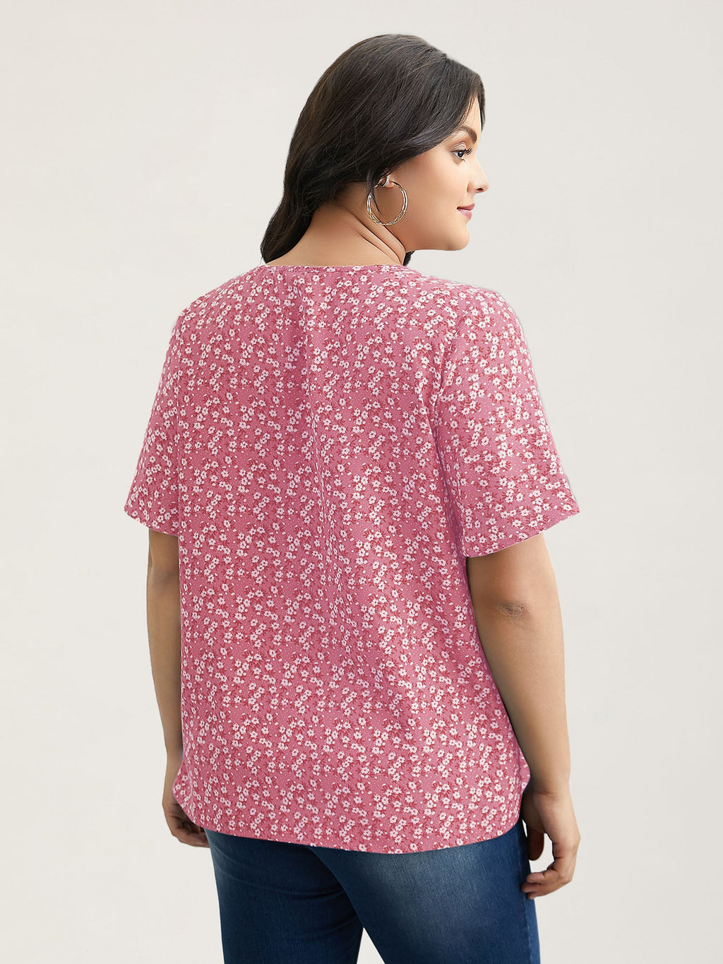 Floral Ruffle Sleeve Gathered Round Neck Blouse