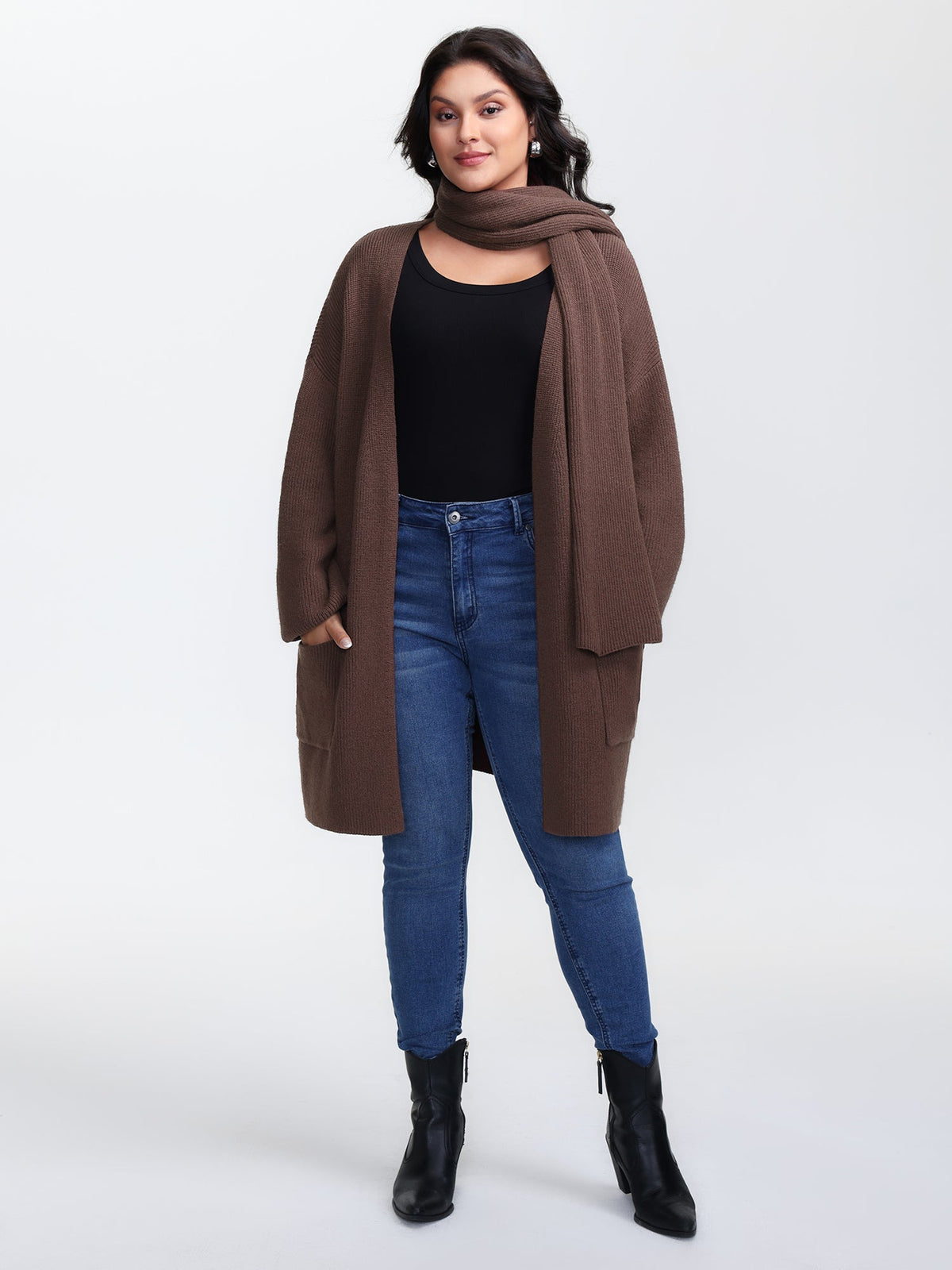 Textured Scarf Pockets Knit Cardigan