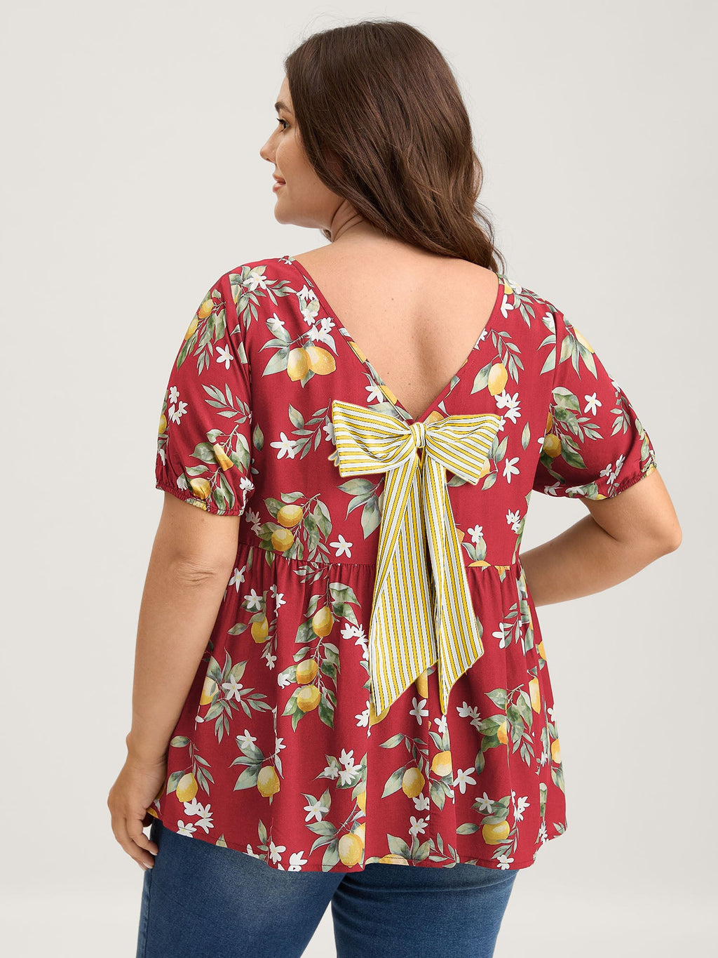 Citrus Print Bow Backless Blouse