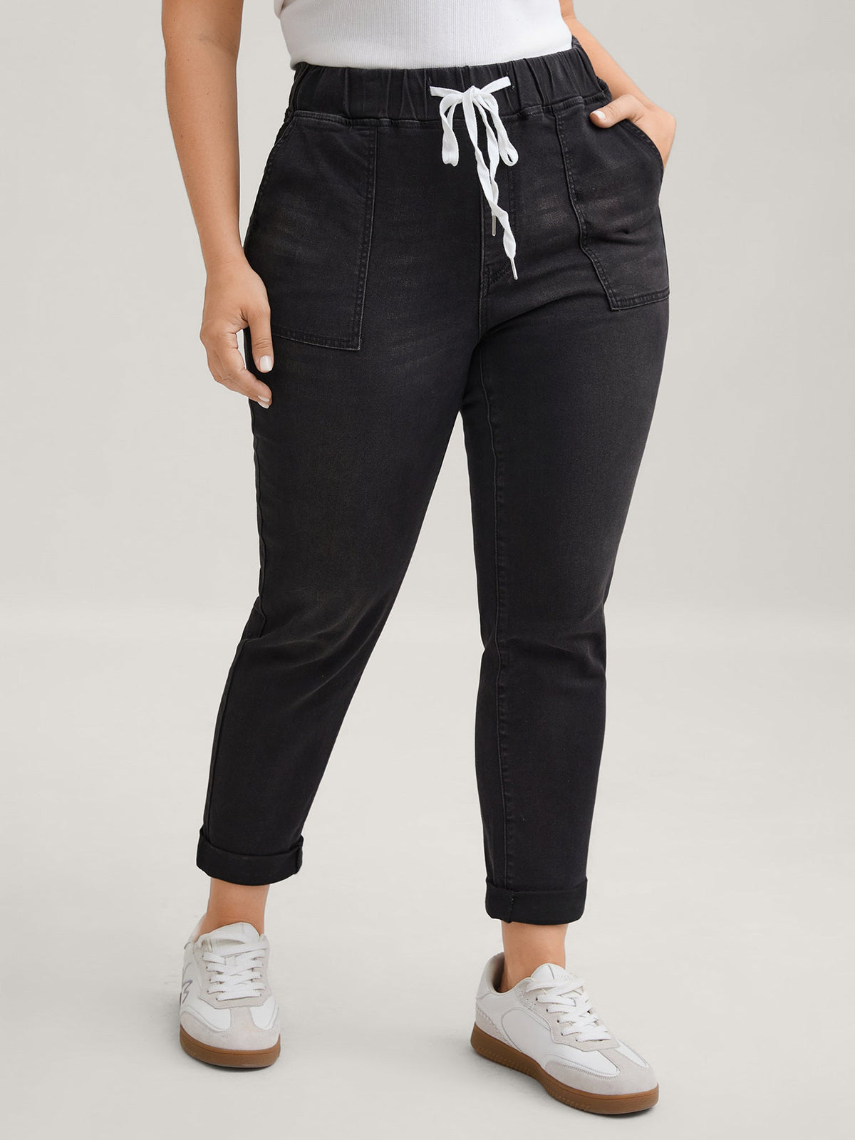 Pull-On Drawstring Folded Hem Boyfriend Jeans