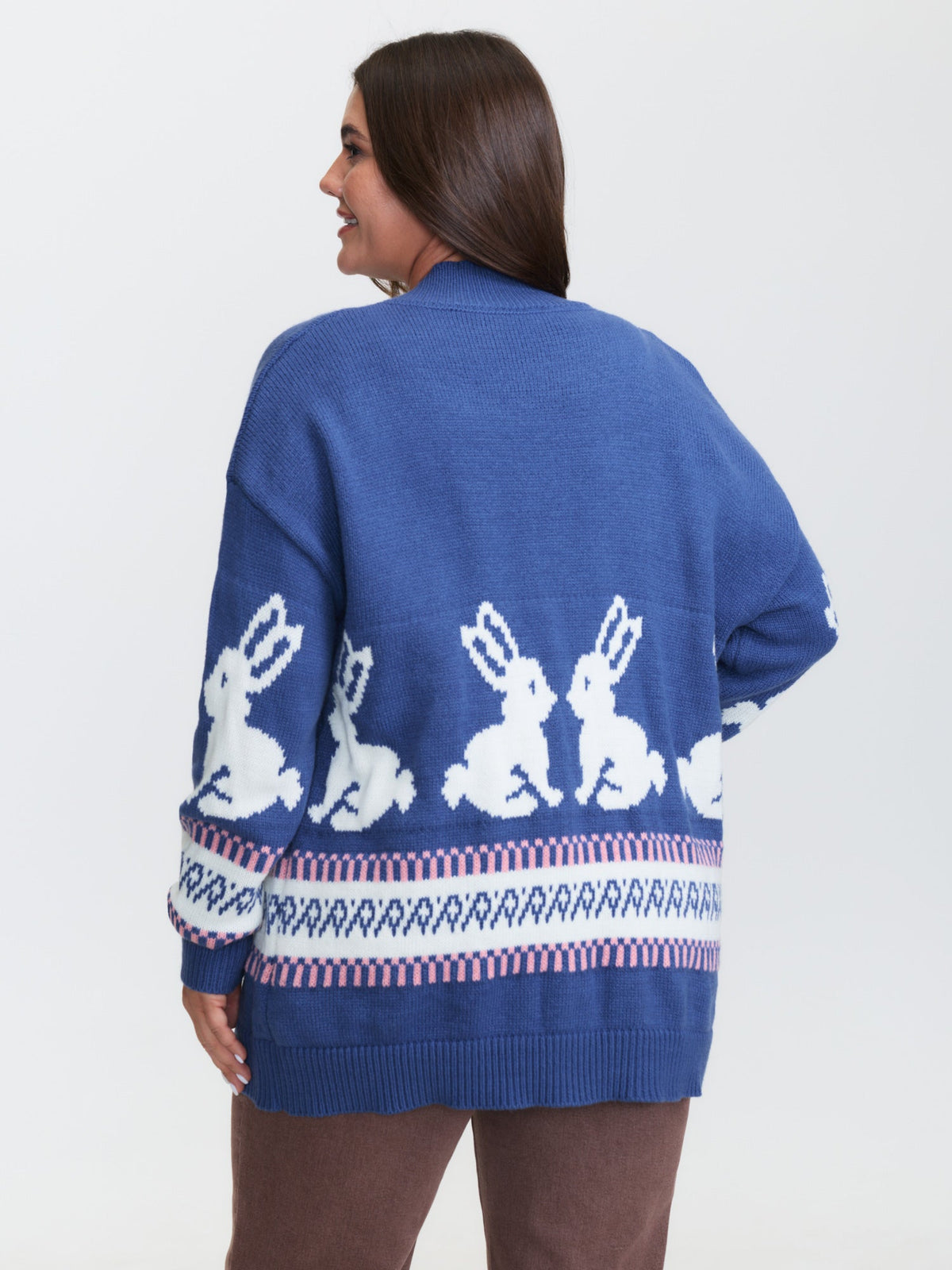 Rabbit Pattern Zipper Baseball Collar Knit Cardigan