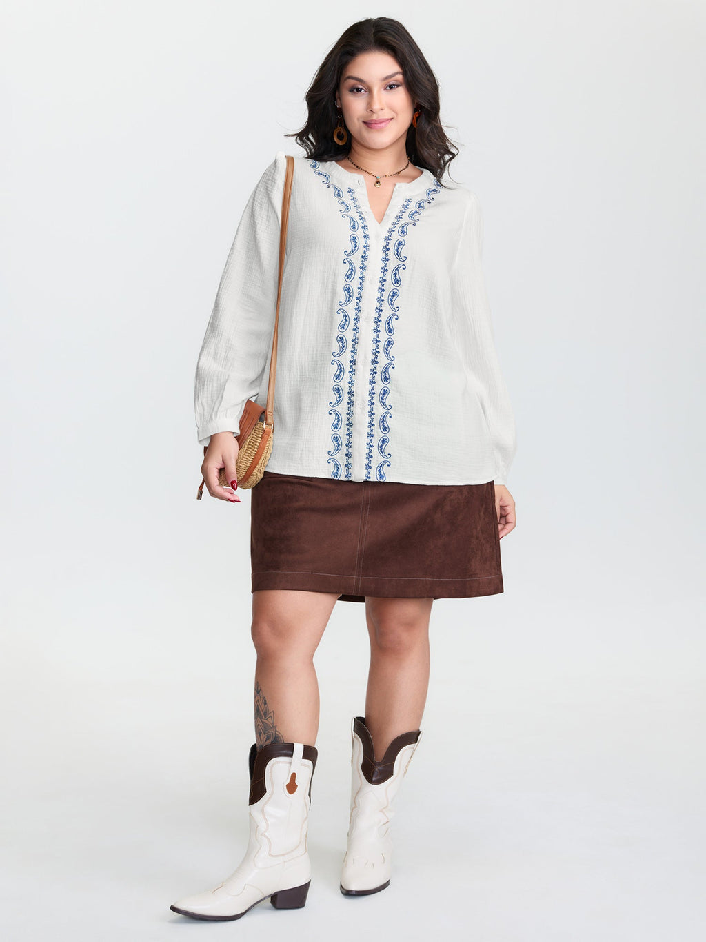 Cotton Textured Embroidered Notched Collar Blouse