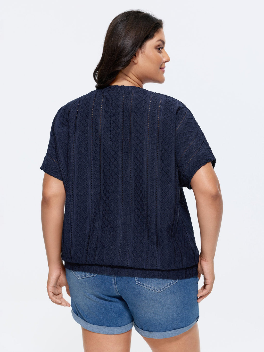 Eyelet Trim Stretchy Textured Plain Top