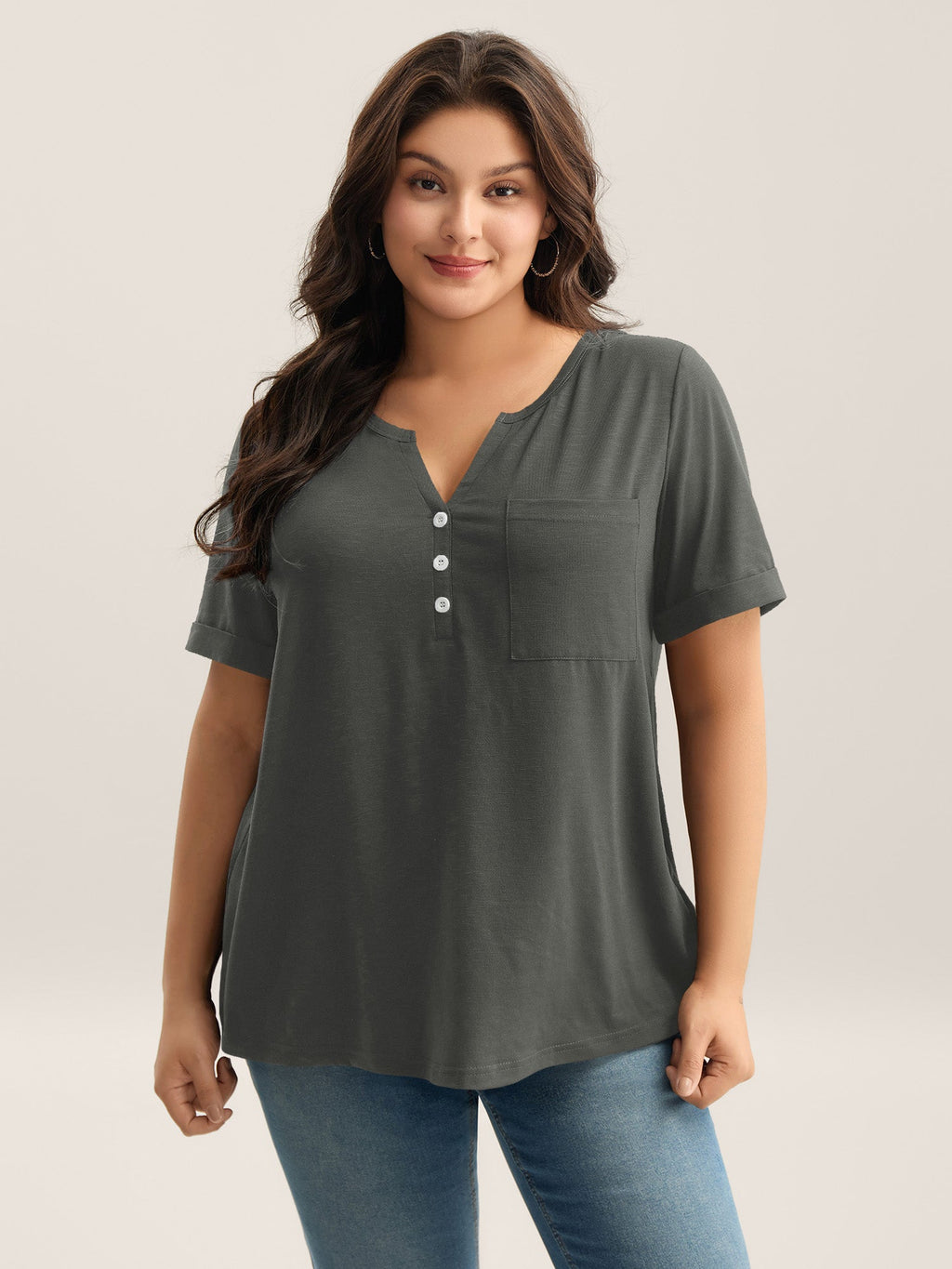 Solid Split Neck Button Detail T-Shirt