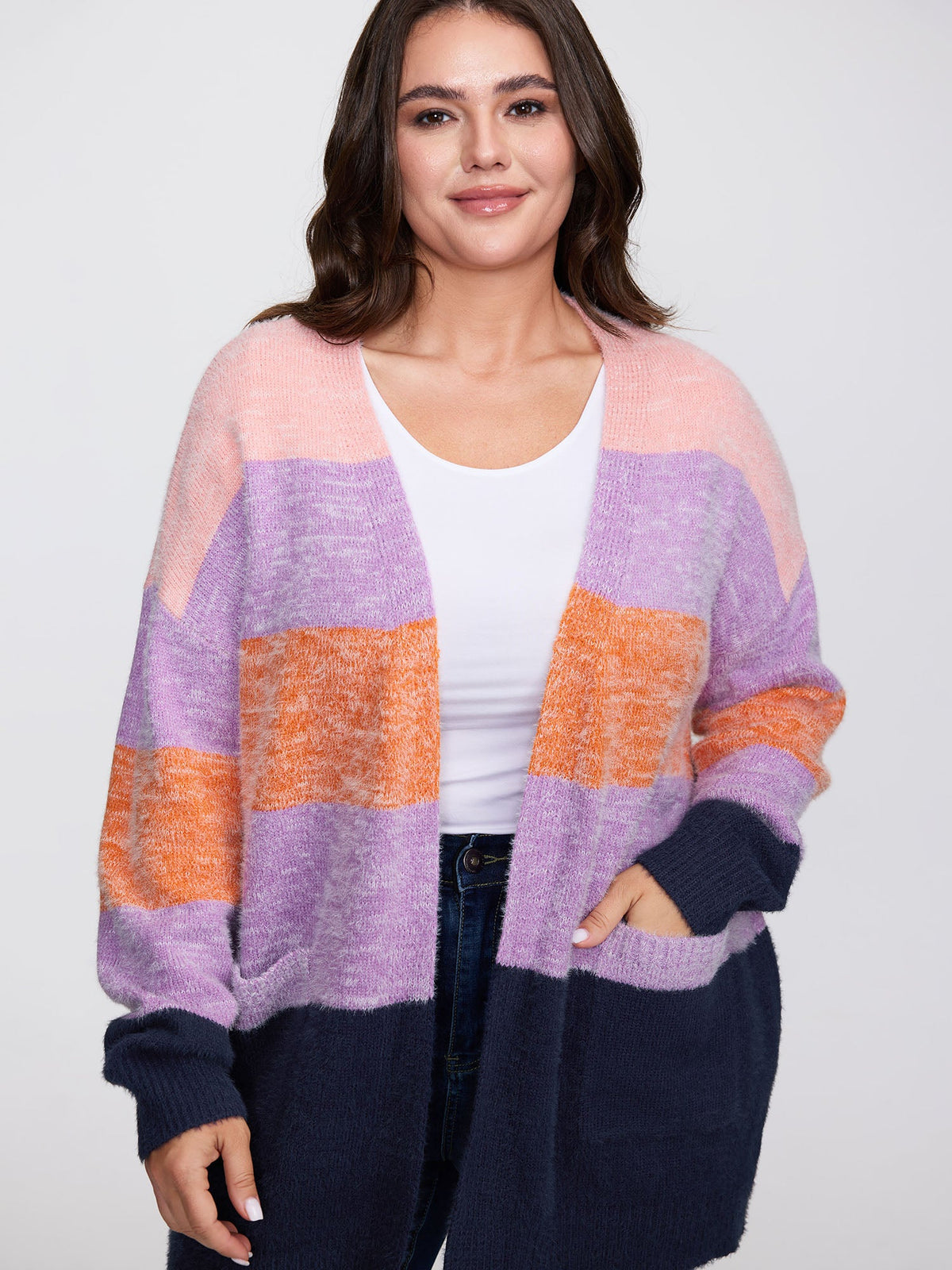 Furry Textured Colorblock Knit Cardigan