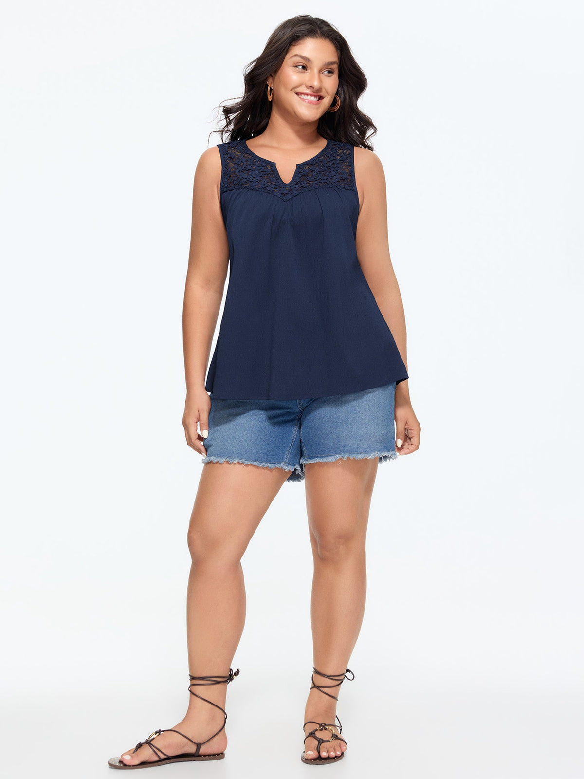 Cut-Out Lace Neckline Pleated Tank Top