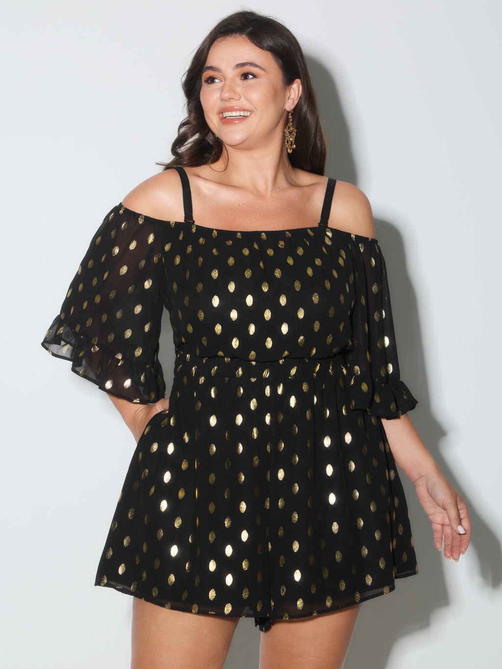 Gold Stamped Polka Dots Off-Shoulder Romper