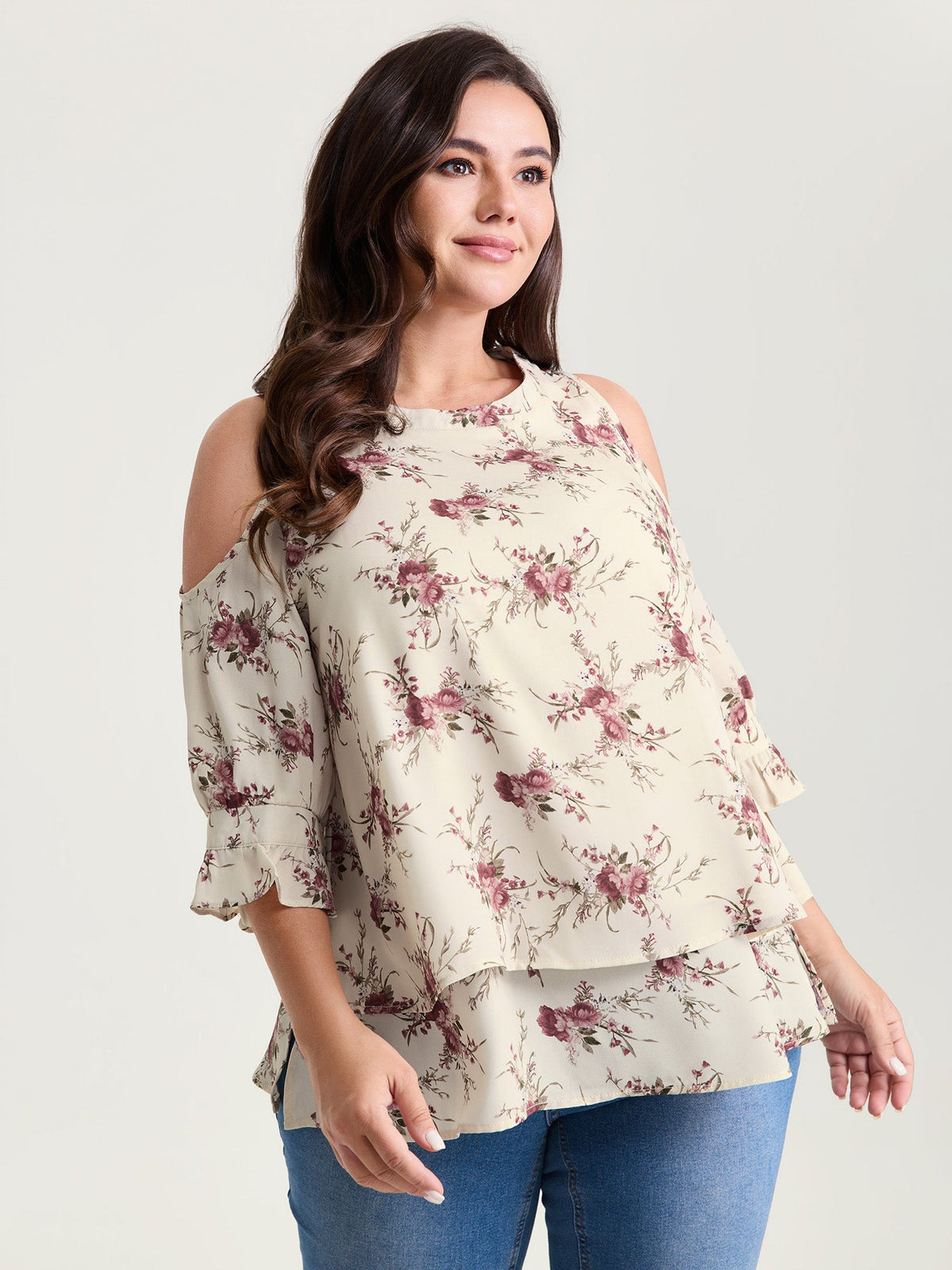 Blooming Floral Layered Hem Cut-Out Shoulder Blouse