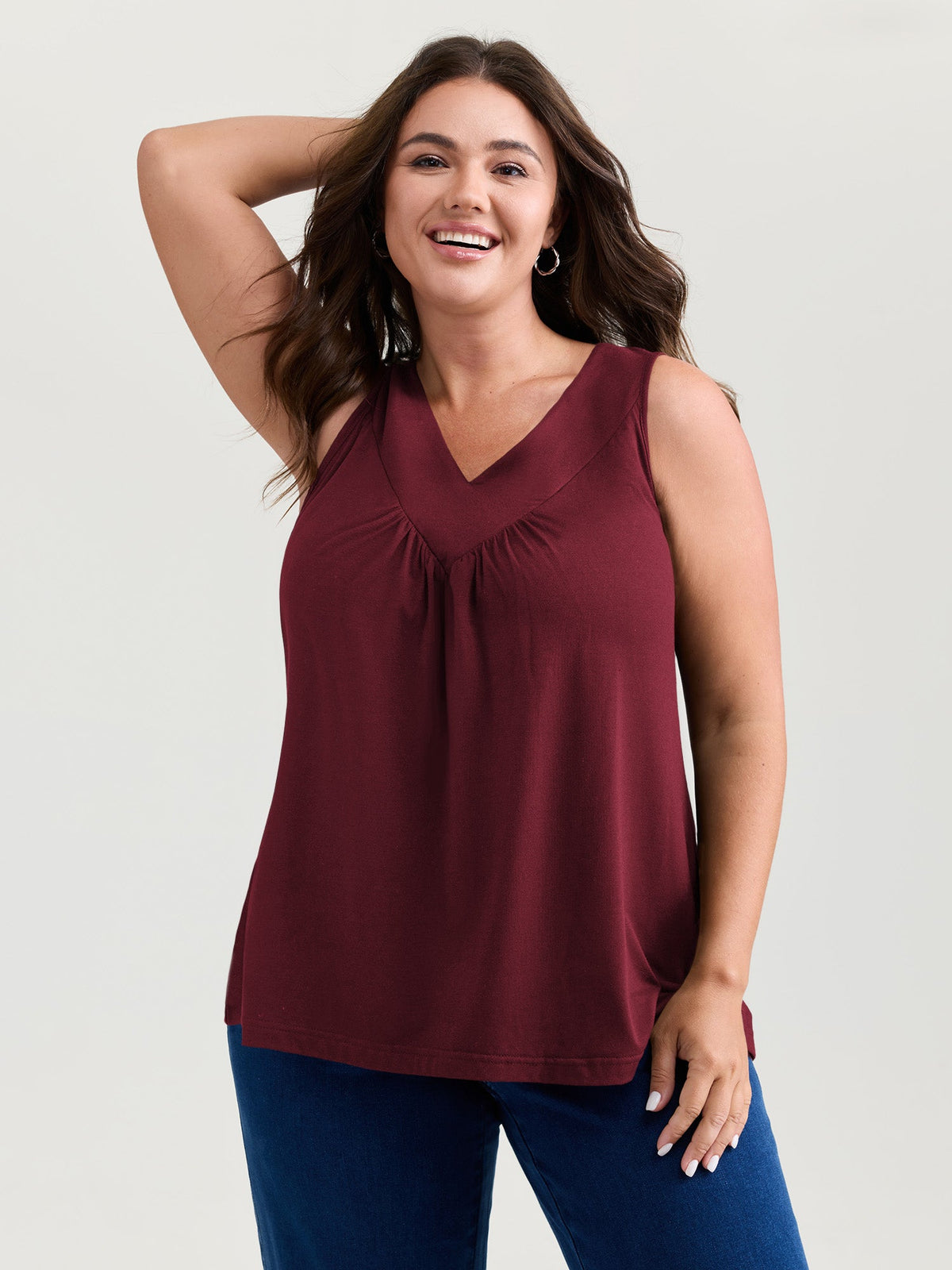 Stretchy V-Neck Pleated Tank Top