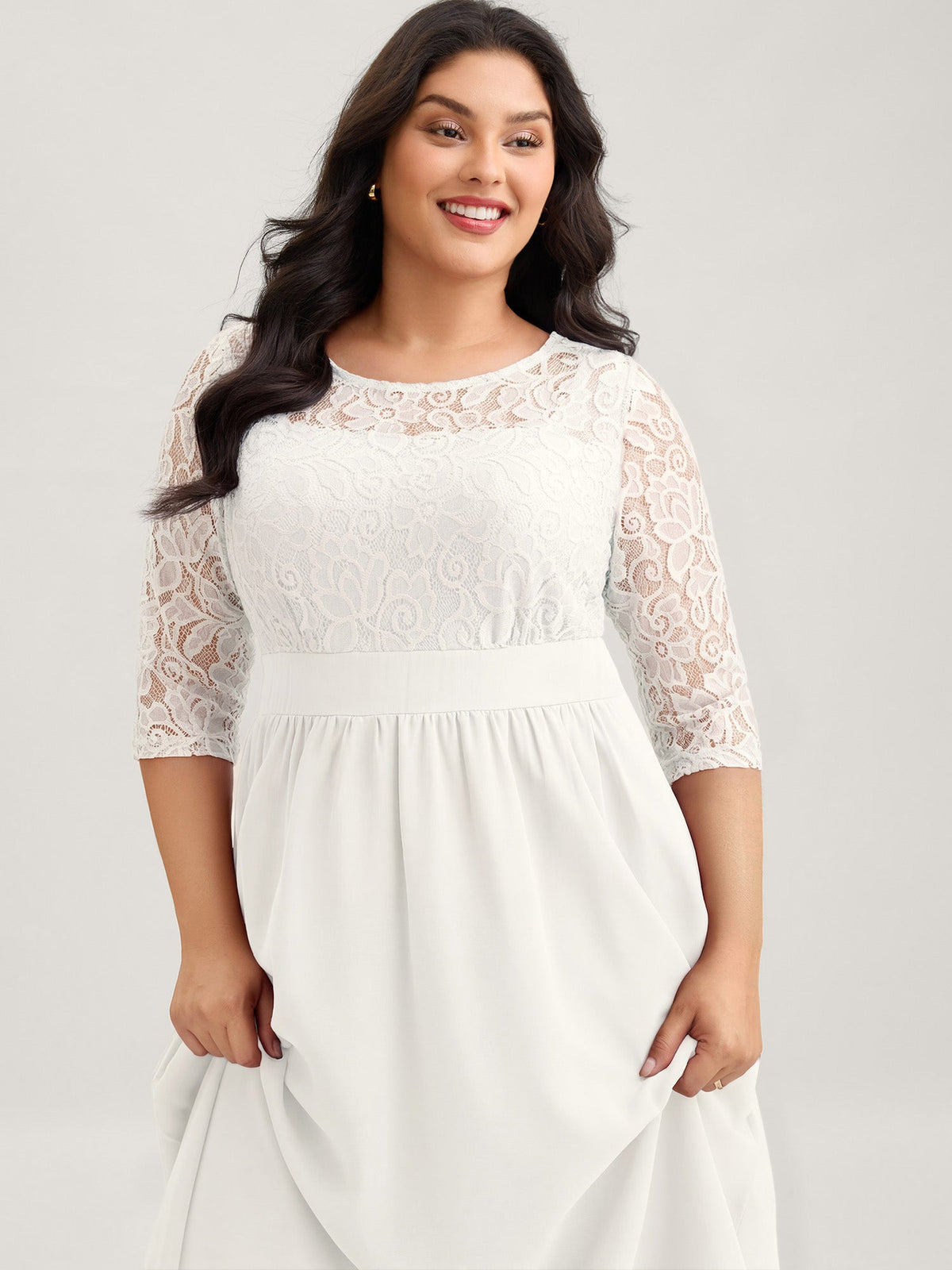 Lace Patchwork Shirred Midi Pocket Dress