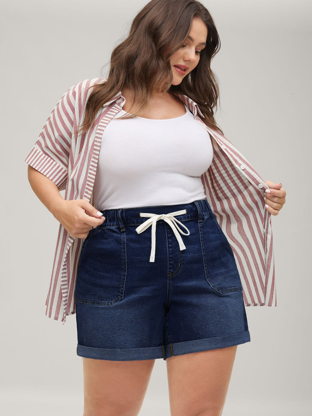 Pull-On Folded Hem High-Rise Denim Shorts