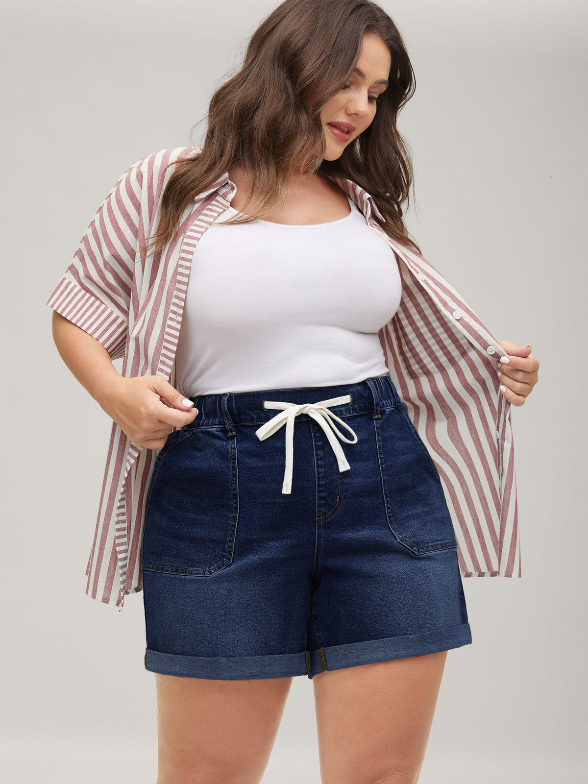 Pull-On Folded Hem High-Rise Denim Shorts