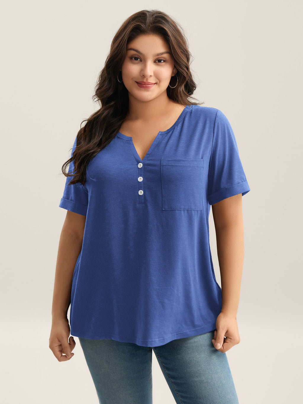 Solid Split Neck Button Detail T-Shirt