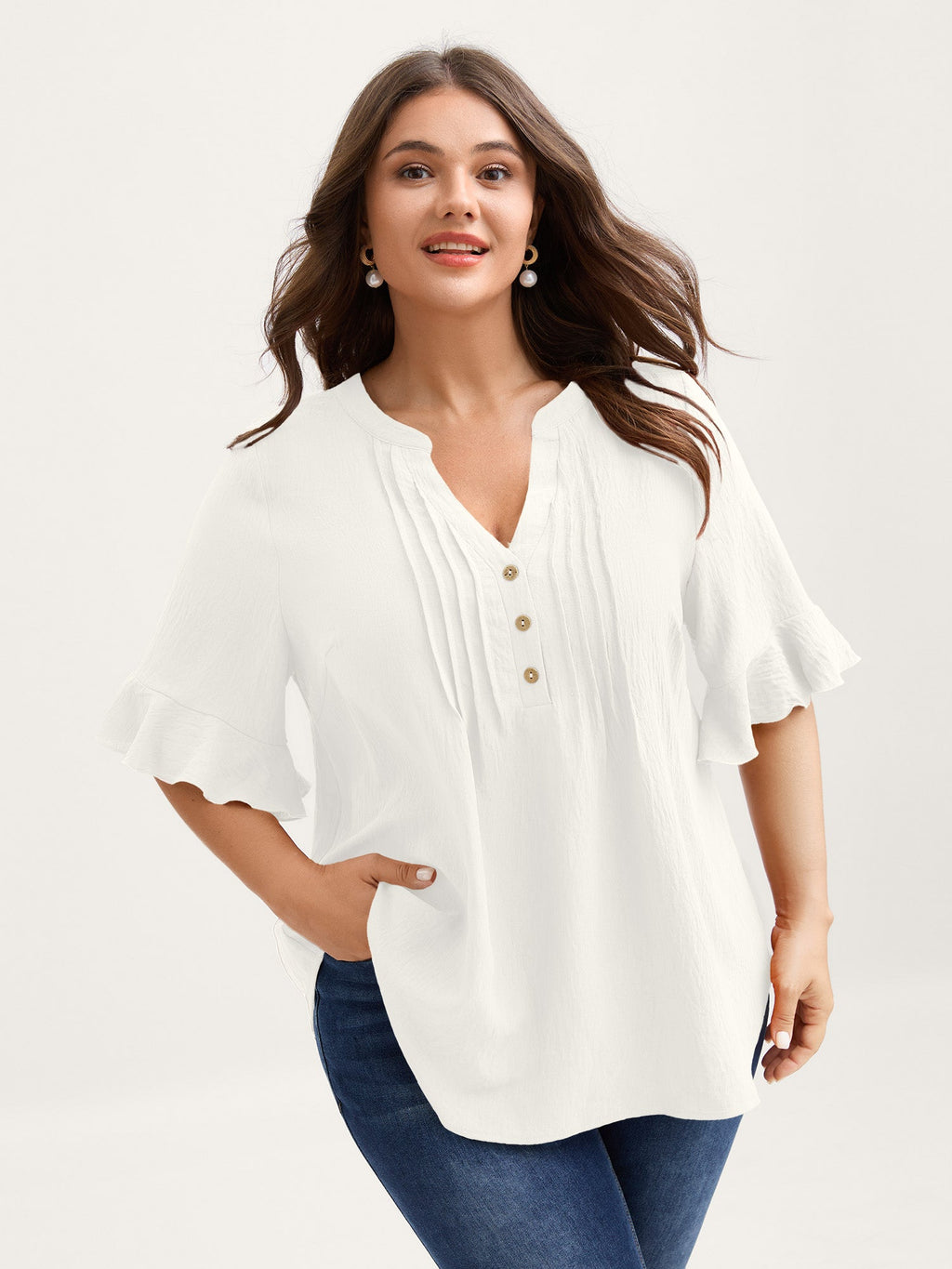 Toothpick Pleats Ruffled Sleeve Solid Blouse