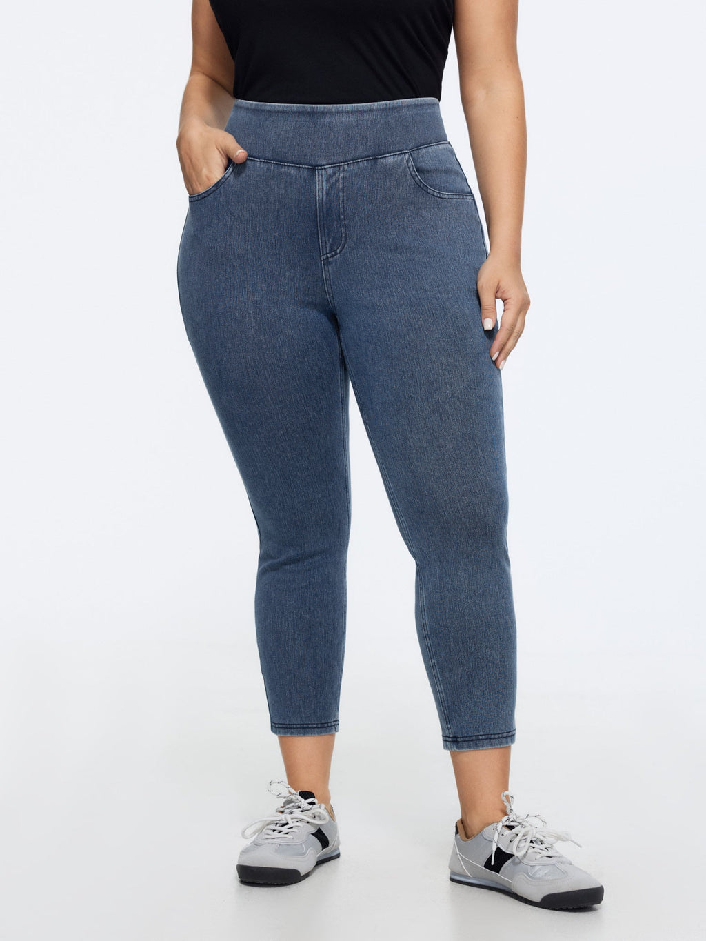 Stretchy Wide Waistband Pull-On Knit Jeans