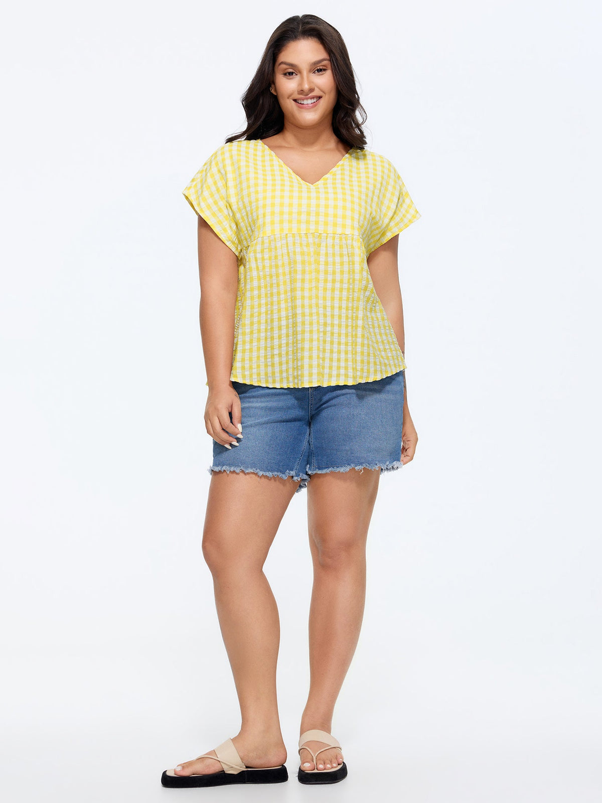 Cotton Gingham Print V-Neck Blouse