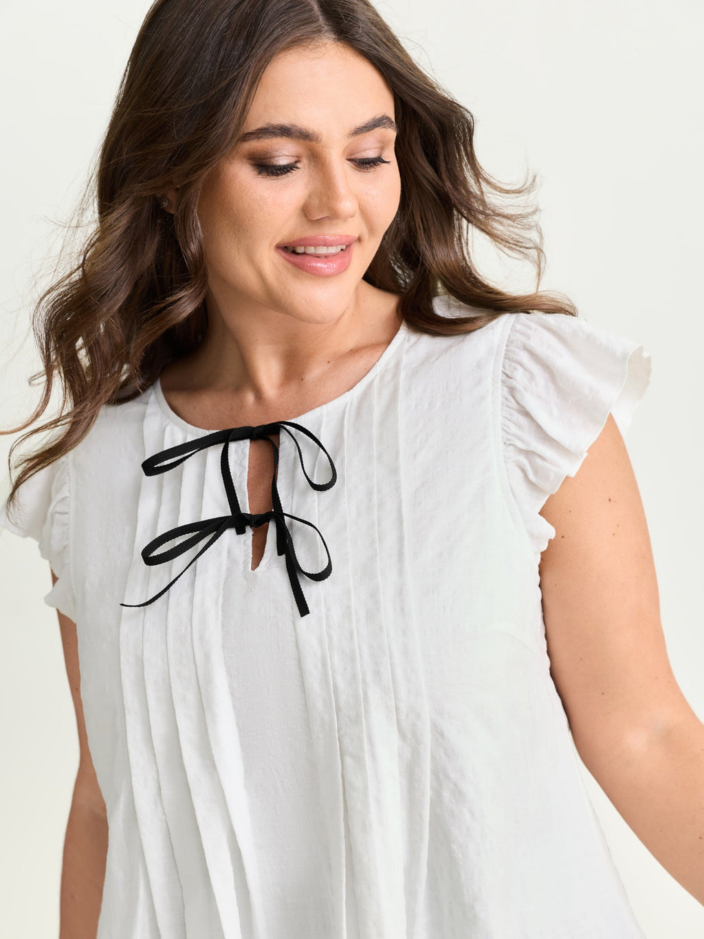 Cotton Flutter Sleeve Pleated Contrast Bows Blouse