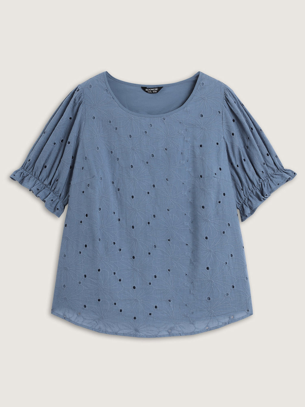 Floral Eyelet Trim Stretchy Cuff Sleeve Blouse