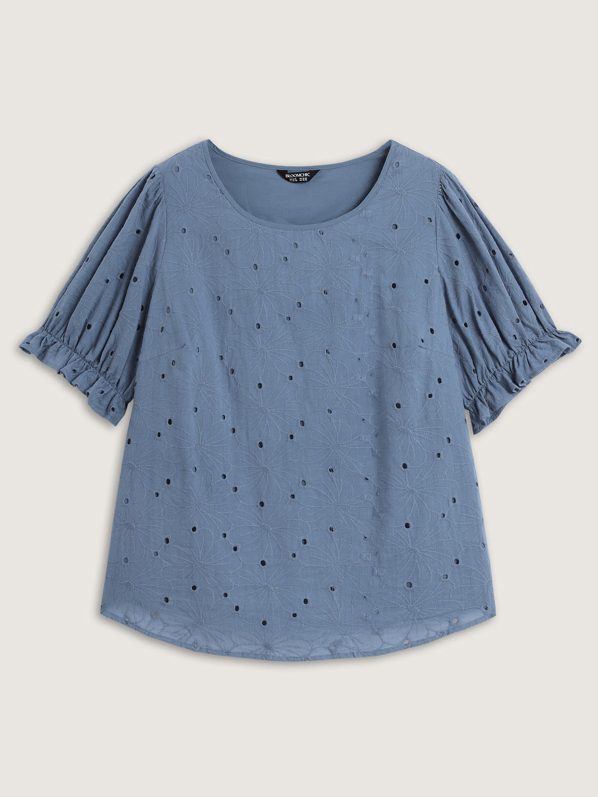 Floral Eyelet Trim Stretchy Cuff Sleeve Blouse