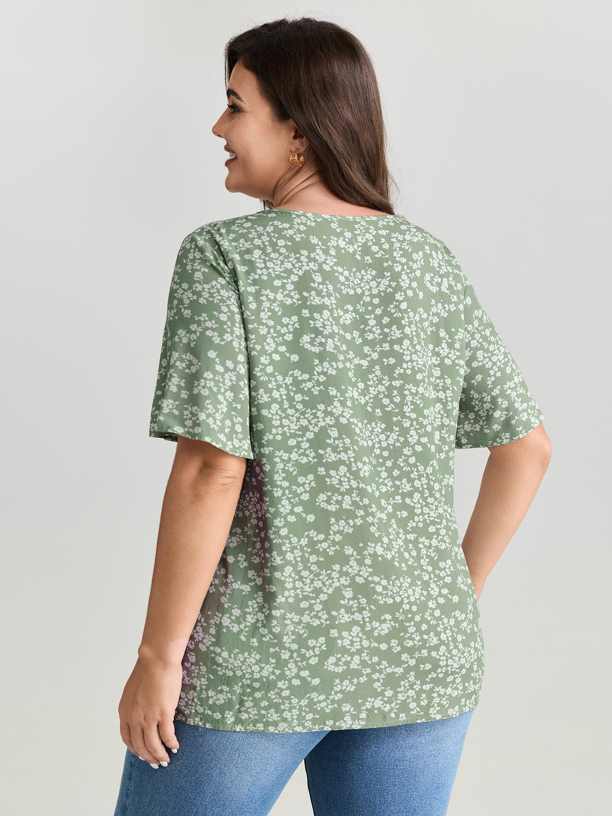 Floral Ruffle Sleeve Gathered Round Neck Blouse