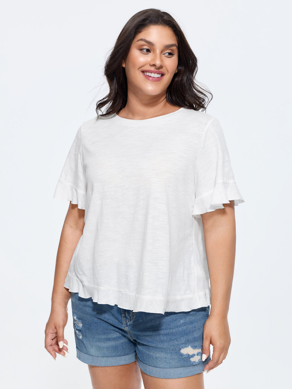 Cotton Overlap Back Sheer Ruffled T-Shirt