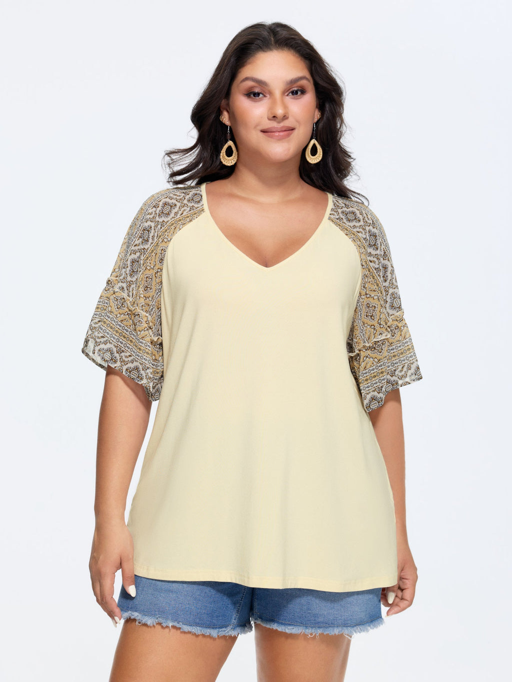 Boho Print Patchwork Raglan Sleeve T-shirt