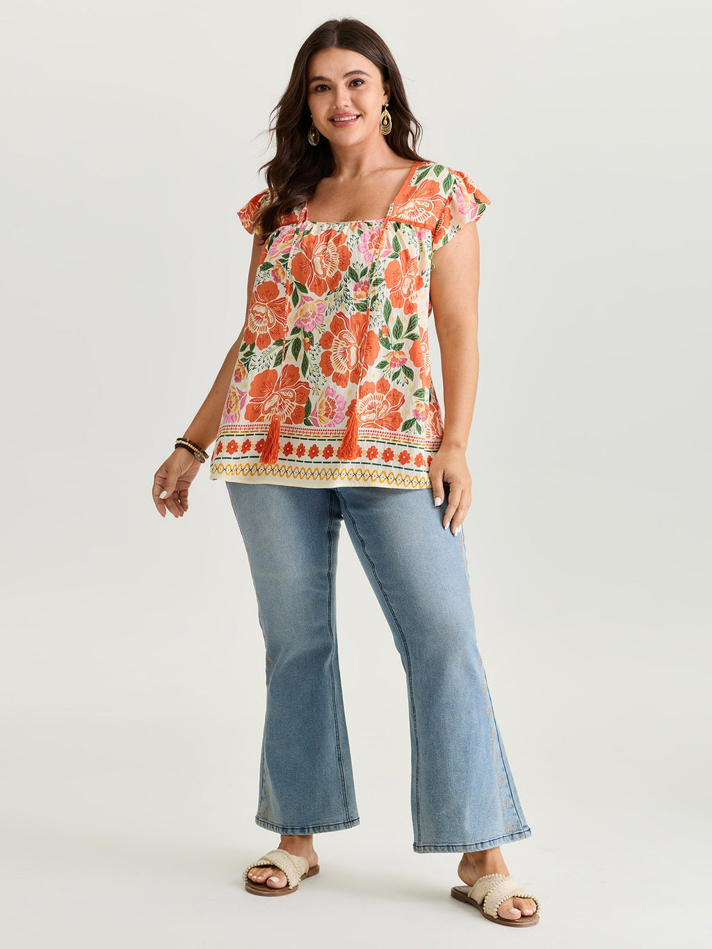 Vibrant Floral Print Flutter Sleeve Blouse