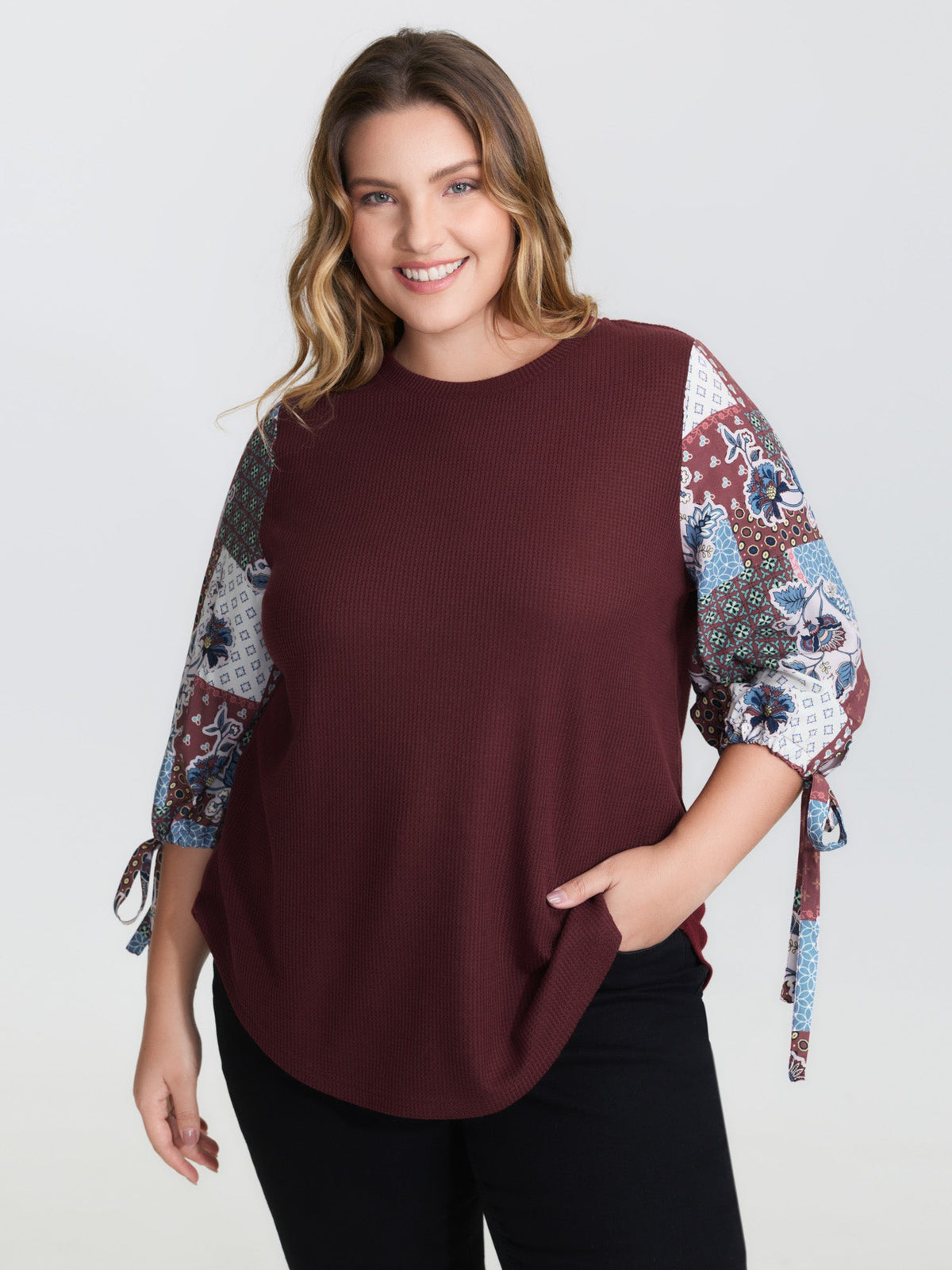 Boho Print Ribbed Sleeve Tie Sweatshirt