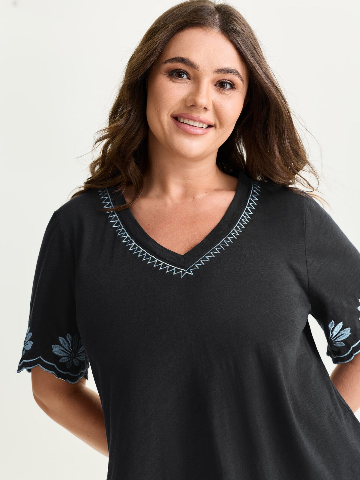 Cotton Stretchy V-Neck Floral Print T-Shirt