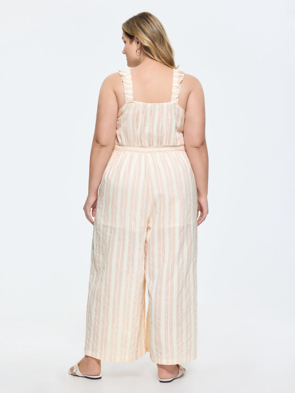 Sheer Striped Print Shirred Straps Jumpsuit