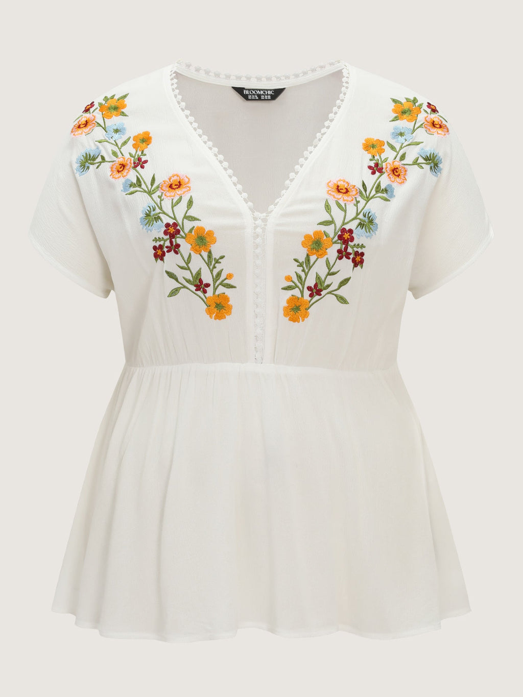 Floral Embroidered Neckline Flowy Blouse