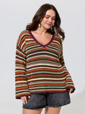 Multi-Color Stripe Hollow V-Neck Pullover