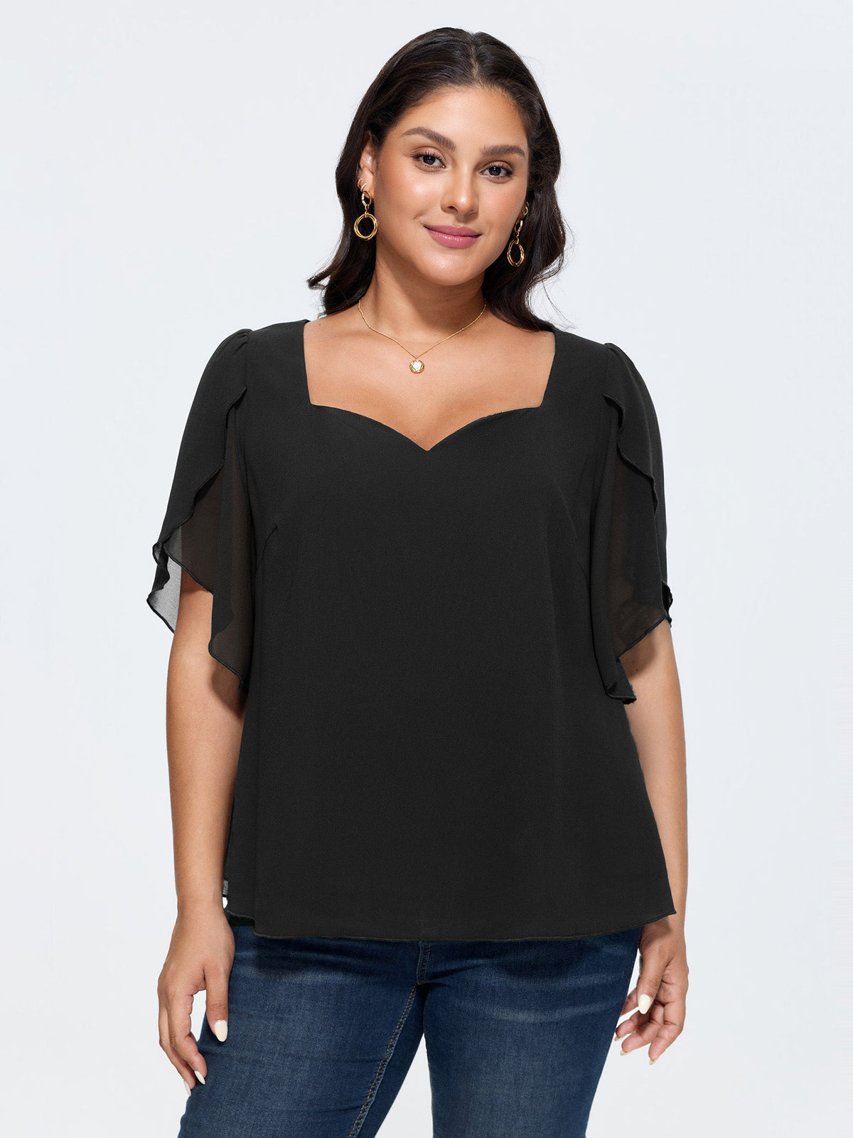 Petal Sleeve Sweetheart Neckline Blouse