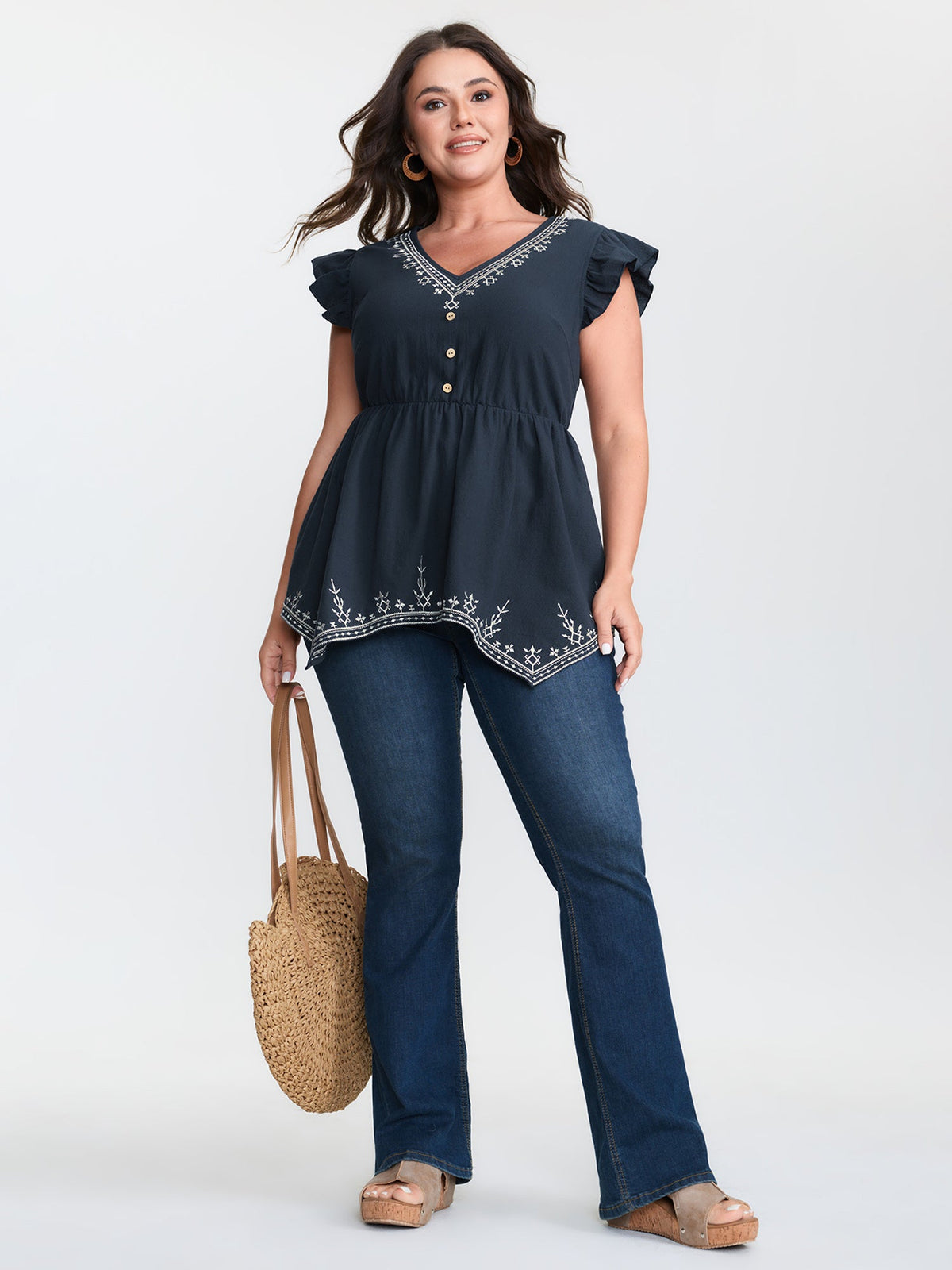 Cotton Embroidered Flutter Sleeve High-Low Hem Blouse