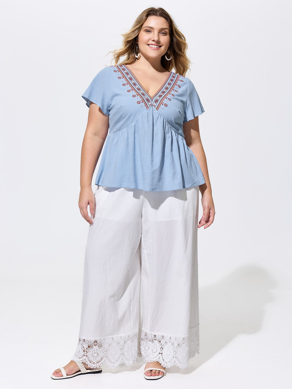 Cotton Floral Embroidered V-Neck Blouse