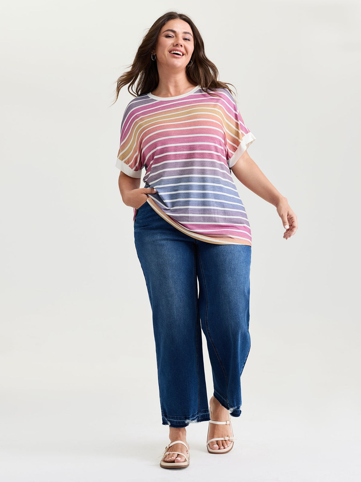 Colorful Gradient Stripe Round Neck T-Shirt
