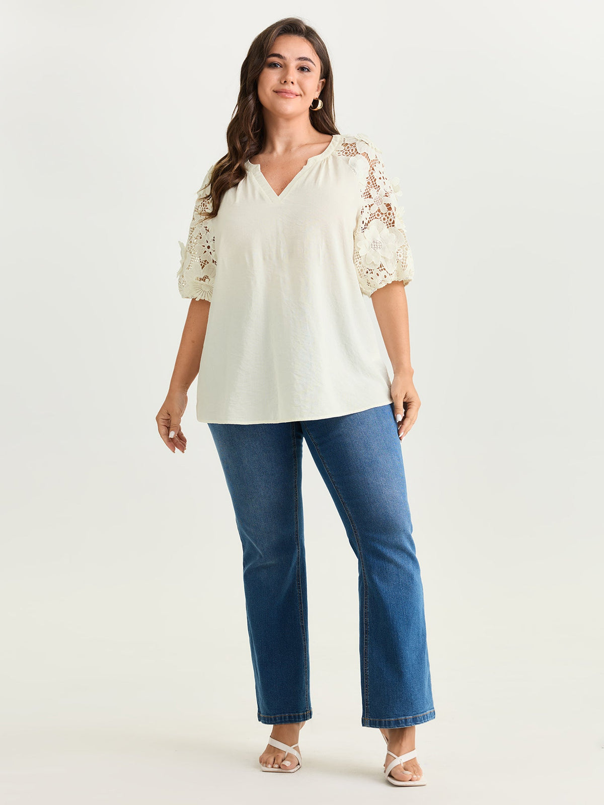 3D Floral Sleeve Spliced Flowy Blouse